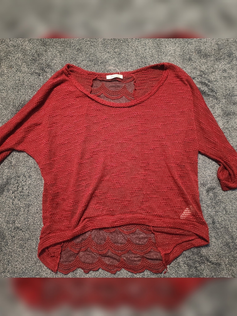 Persaya Red Crochet Knit Top with Lace Hem